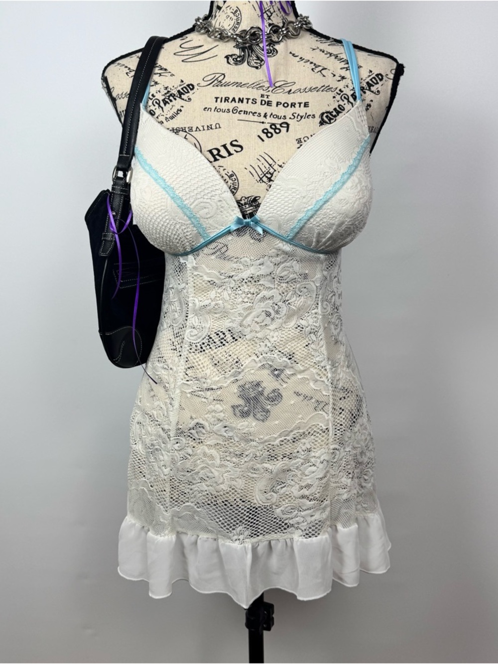 Secret Treasures White Lace Chemise with Light Blue Trim